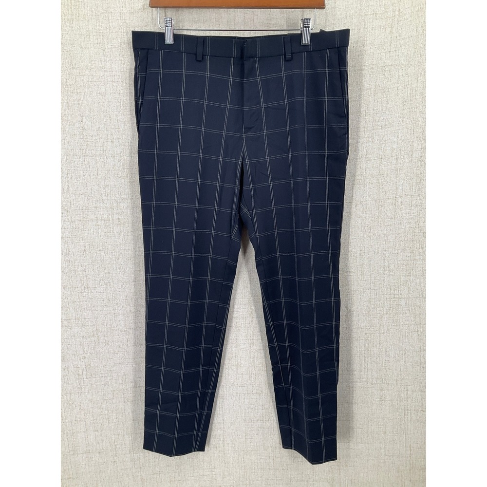 H&M Trousers Women 33 Navy Blue Plaid Skinny Cropped Business Casual NEW